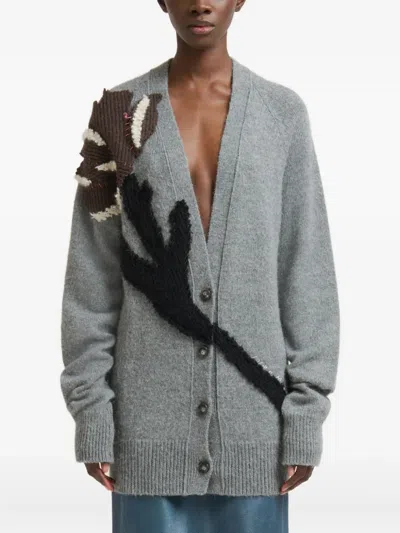 Marni Grey Alpaca Wool Cardigan With Flower Patch In Gray