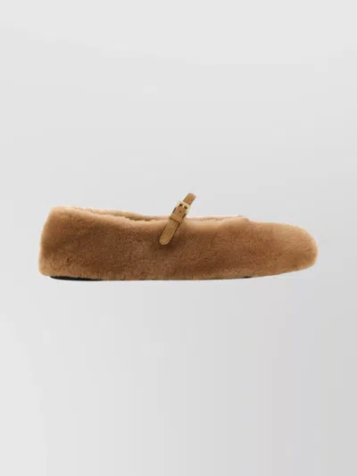 Prada Shearling Flat Ballerina Shoes With Buckle Strap In Brown