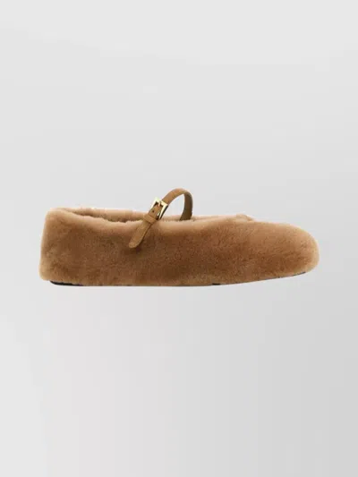 Prada Shearling Flat Ballerina Shoes With Buckle Strap In Brown