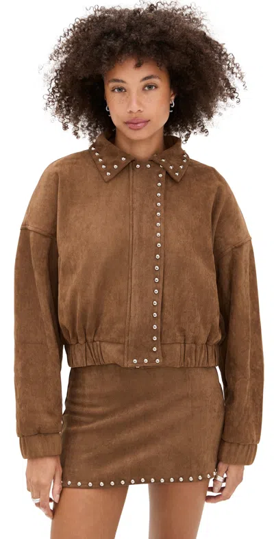 Moon River Stud Detail Zipper Front Faux Suede Jacket In Camel In Brown