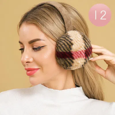 Fashnzfab 12pcs - Faux Fur Plaid Plush Winter Earmuffs In Brown