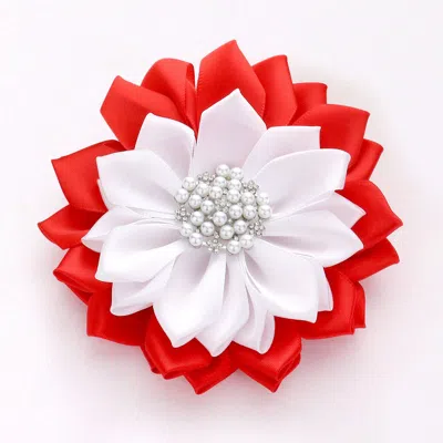 Fashnzfab Pearl Pointed Flower Ribbon Brooch / Hair Clip In Red