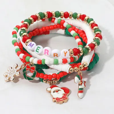 Fashnzfab 6pcs - Merry Message Santa Candy Cane Snowflake Charm Heishi Faceted Beaded Stretch Multi Layered Br In Multi
