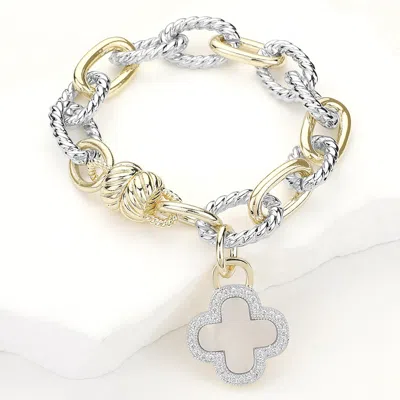 Fashnzfab 14k Gold Plated Two Tone Cz Stone Paved Mother Of Pearl Quatrefoil Charm Magnetic Bracelet In Metallic