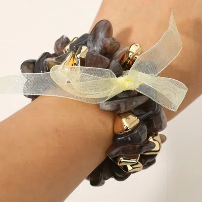 Fashnzfab 2pcs - Chunky Marbled Resin Metal Beaded Stretch Multi Layered Bracelets In Gray