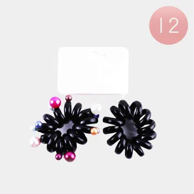 Fashnzfab 12 Set Of 2 - Pearl Embellished Telephone Cord Coil Hair Bands In Black