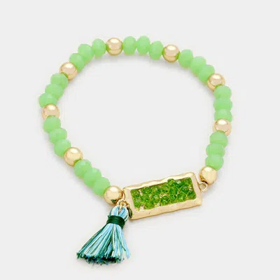 Fashnzfab Multi Beaded Rectangle With Tassel Stretch Bracelet In Green