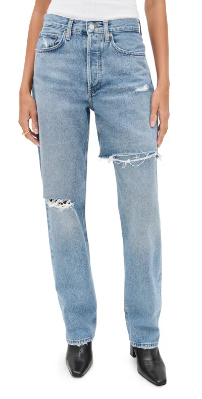 Agolde Amryn Distressed High-rise Wide-leg Jeans In Blue