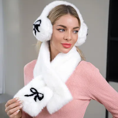 Truedames Bow Accent Fluffy Faux Fur Winter Scarf Ear Muff Set In White