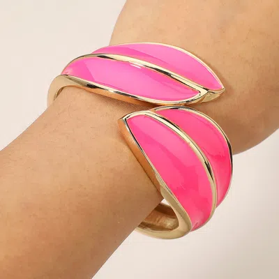 Fashnzfab Abstract Enamel Leaf Statement Hinged Bangle Bracelet In Pink