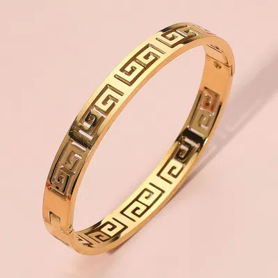 Fashnzfab Stainless Steel Greek Key Pattern Cutout Hinged Bangle Bracelet In Gold