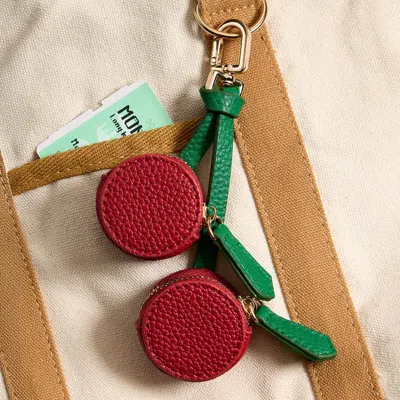 Fashnzfab Genuine Leather Cherry Double Coin Purse / Keychain / Bag Charm In Red
