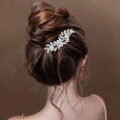 Fashnzfab Cz Stone Paved Floral Leaf Vine Hair Comb In Metallic