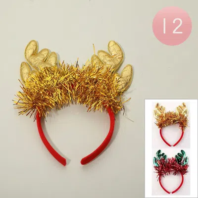 Fashnzfab 12pcs - Christmas Tinsel Reindeer Antler Headbands In Gold