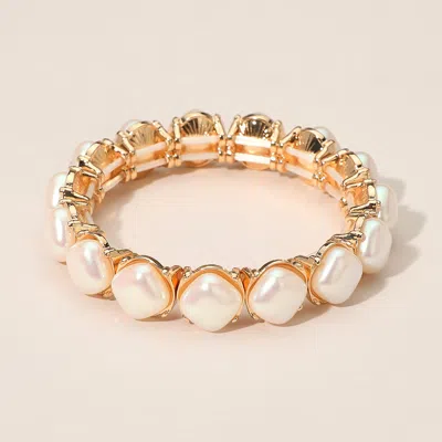 Fashnzfab Elegant Square Pearl Beaded Stretch Statement Bracelet In Gold