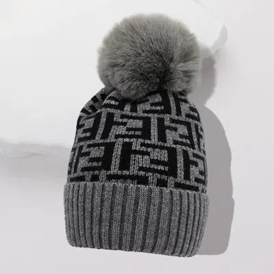 Fashnzfab Greek Geometric Patterned Pom Pom Beanie Hat In Gray