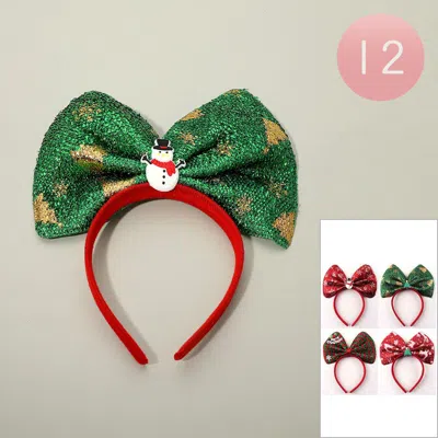 Fashnzfab 12pcs - Christmas Theme Charm Accent Sparkled Bow Headbands In Green