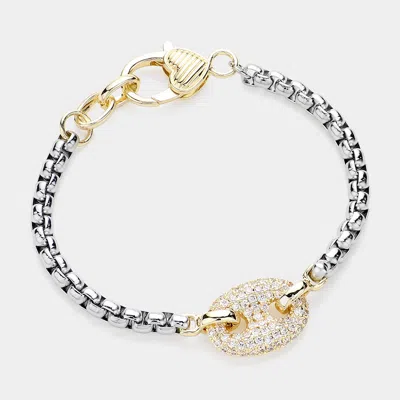 Fashnzfab 14k Gold Plated Cz Stone Paved Mariner Link Charm Pointed Bracelet In Metallic