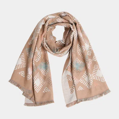 Truedames Geometric Pattern Fringe Oblong Scarf In Brown