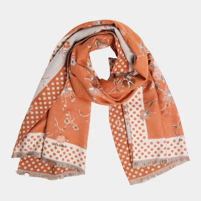 Truedames Floral Polka Dot Bordered Fringe Oblong Scarf In Orange