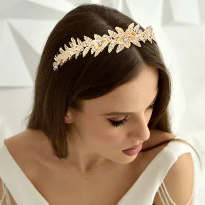 Fashnzfab Faceted Beads Pointed Stone Paved Leaf Cluster Wrap Headpiece In Gold