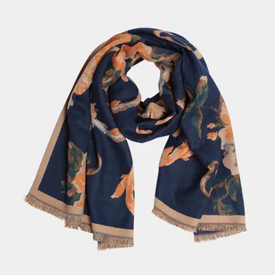 Truedames Floral Pattern Fringe Oblong Scarf In Blue