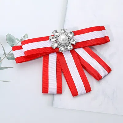 Fashnzfab Pearl Cluster Pointed Color Block Bow Brooch / Hair Clip In Red