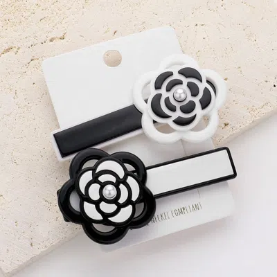 Fashnzfab 2pcs - Pearl Pointed Celluloid Acetate Flower Alligator Snap Hair Clips In Black