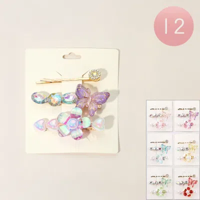Fashnzfab 12 Set Of 3 - Sparkling Butterfly Flower Stone Accent Hair Clip Set In Purple