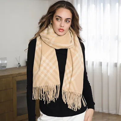 Truedames Plaid Pattern Fringe Winter Scarf In Neutral