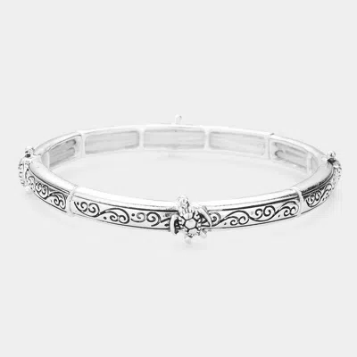 Fashnzfab Turtle Accented Antique Metal Stretch Bracelet In Silver