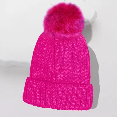 Fashnzfab Cable Knit Pom Pom Beanie Hat In Pink