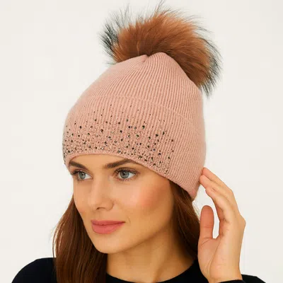Fashnzfab Rhinestone Ribbed Knit Real Fur Pom Winter Beanie Hat In Pink