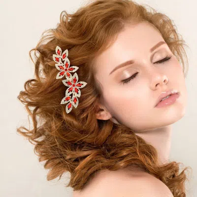 Fashnzfab Marquise Stone Accented Rhinestone Paved Flower Pointed Hair Comb In Orange
