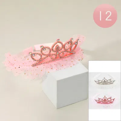 Fashnzfab 12pcs - Rhinestone Embellished Tulle Crown Headbands In Pink