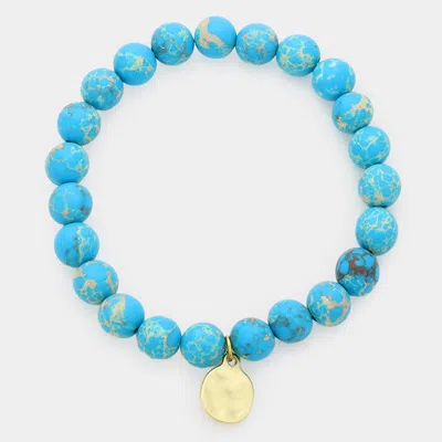 Fashnzfab Natural Stone Hammered Metal Charm Stretch Bracelet In Blue