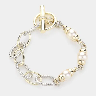Fashnzfab Pearl Cz Stone Pointed Two Tone Textured Metal Link Toggle Bracelet In Gold