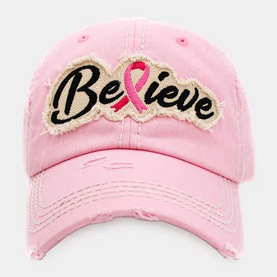 Fashnzfab Believe Message Pink Ribbon Accented Vintage Baseball Cap In Pink