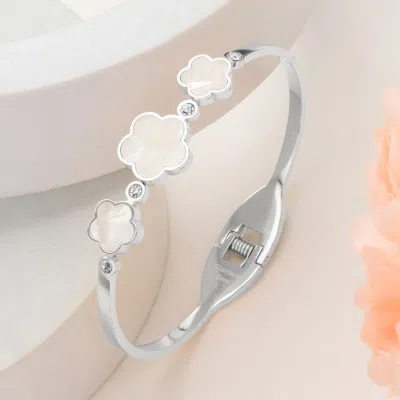 Fashnzfab Stainless Steel Triple Mother Of Pearl Quatrefoil Stone Bezel Pointed Hinged Bangel Bracelet In Gray
