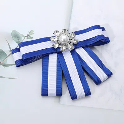 Fashnzfab Pearl Cluster Pointed Color Block Bow Brooch / Hair Clip In Blue