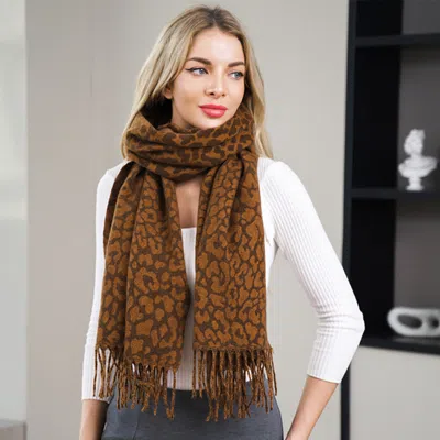 Truedames Leopard Pattern Fringe Winter Scarf In Brown