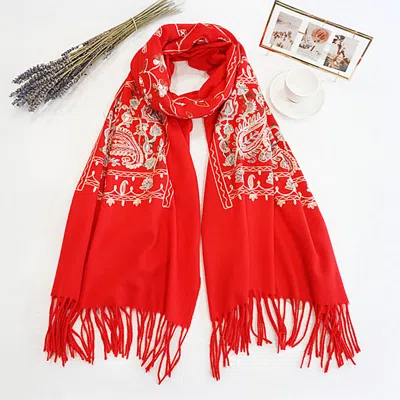 Truedames Floral Tassel Cashmere Feel Scarf In Red