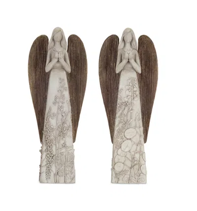 Melrose International Floral Sculpted Angel With Wood Style Wings (set Of 2) - Brown, Grey In Neutral