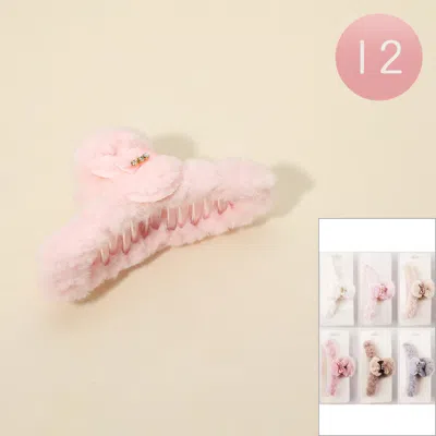 Fashnzfab 12pcs - Fuzzy Fur Plush Bow Bunny Hair Claw Clips In Pink