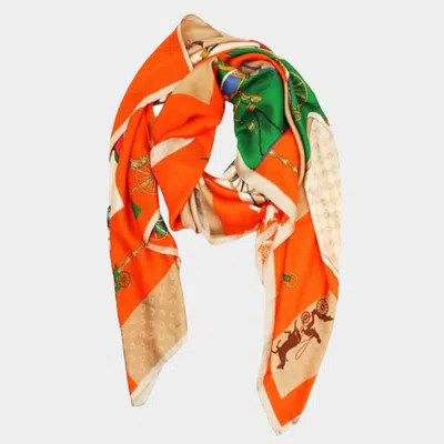 Truedames Elegant Carriage Printed Oblong Silky Satin Scarf Shawl In Orange