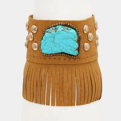 Fashnzfab Turquoise Stone Accented Suede Fringe Bracelet In Brown