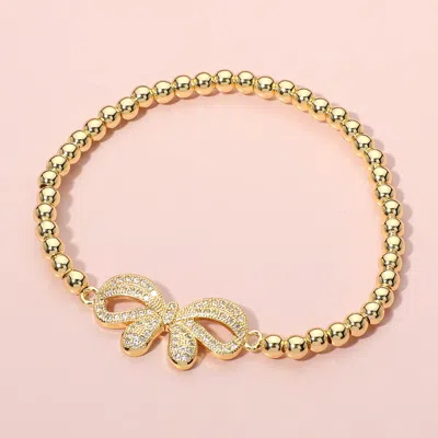 Fashnzfab Stainless Steel Stone Paved Bow Ball Beaded Stretch Bracelet In Gold