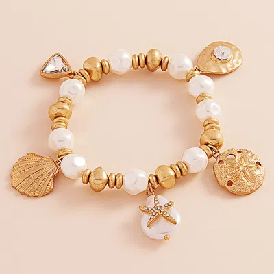 Fashnzfab Metal Shell Sand Dollar Pearl Starfish Charm Pearl Beaded Stretch Bracelet In Multi