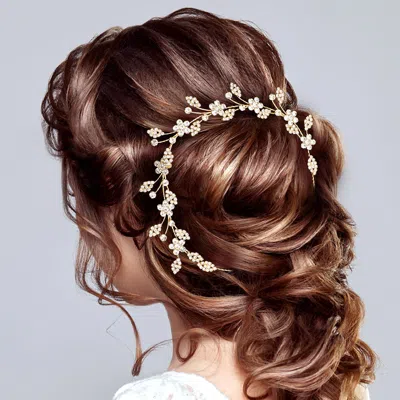 Fashnzfab Stone Embellished Flower Leaf Cluster Vine Bun Wrap Headpiece In Gold