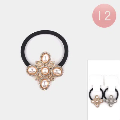 Fashnzfab 12pcs - Pearl Embellished Stone Paved Accented Stretch Hairband In Gold